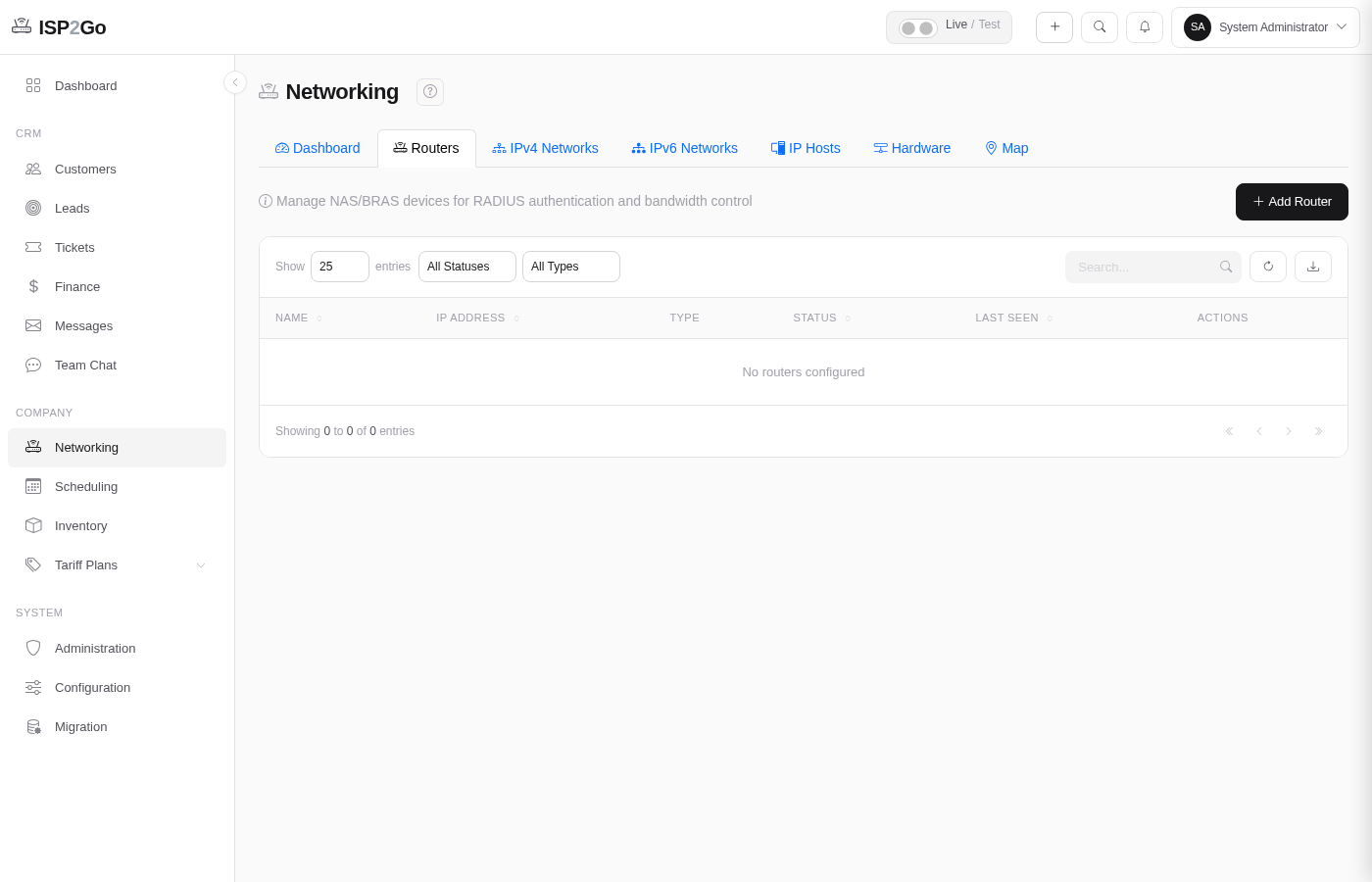 ISP2Go network management — routers, IP pools, bandwidth