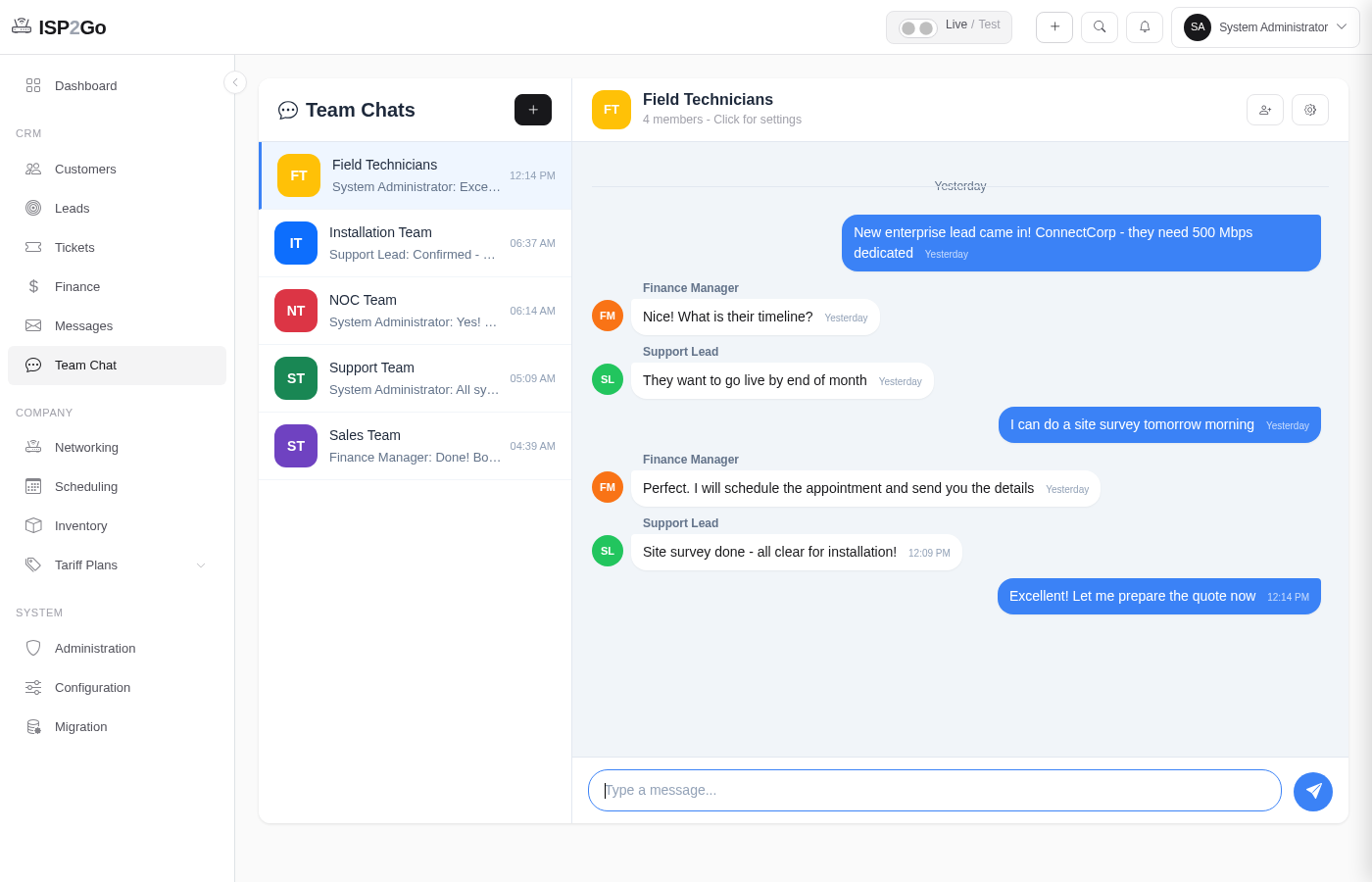 ISP2Go team chat — internal messaging